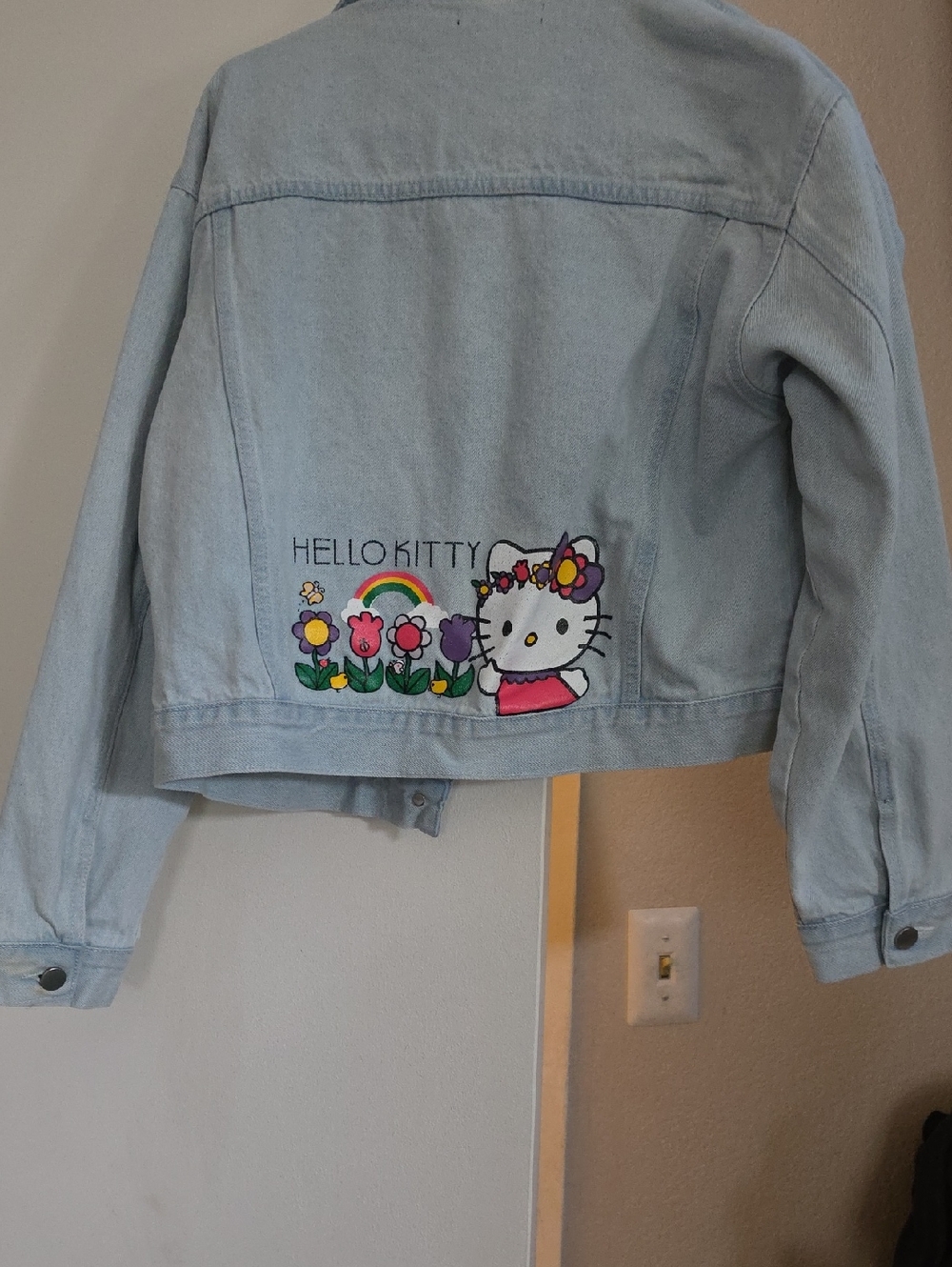 Shein X Hello Kitty Pale Blue Denim Jacket with Rainbow Embroidered Back